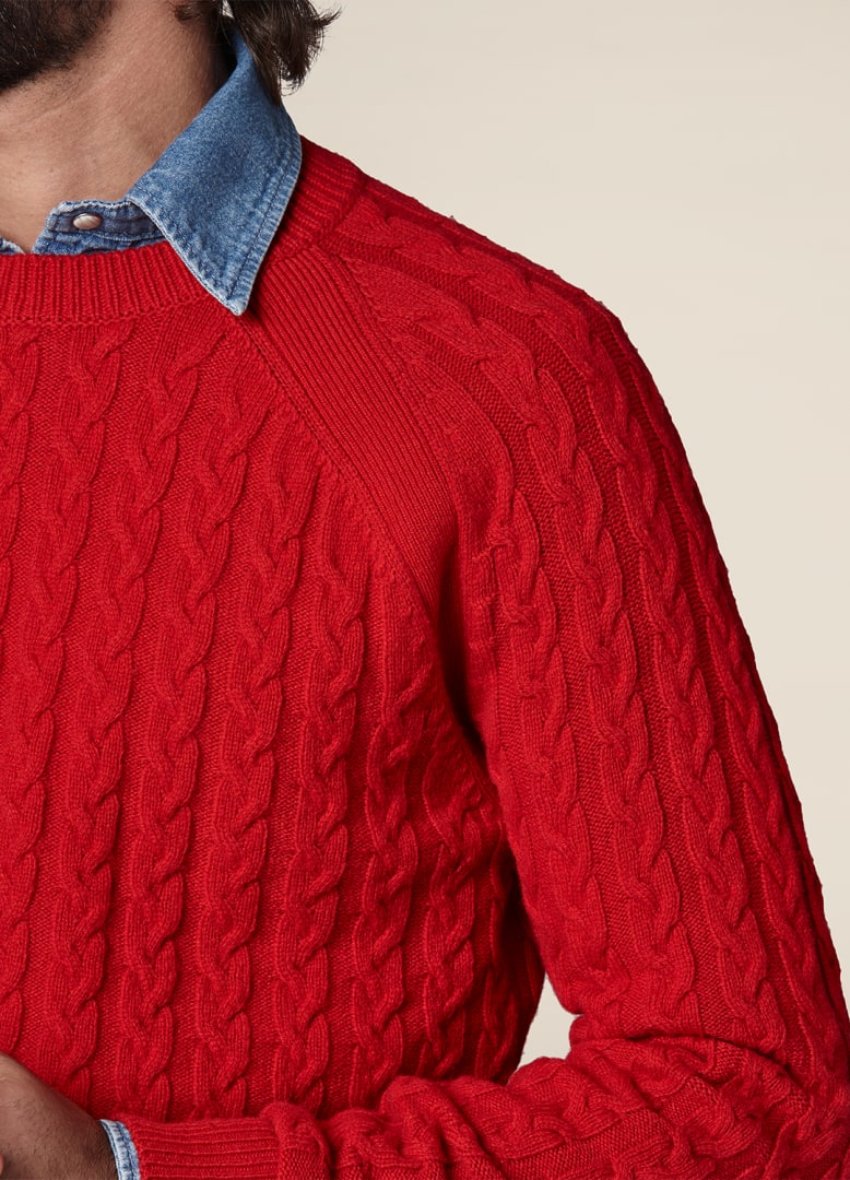 Pull Col Rond Torsades Rouge